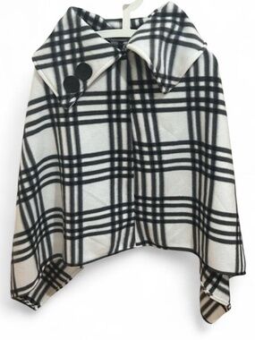 Le Moda Winter White Black Plaid Fleece Poncho Cape Wrap OS Oversized Buttons